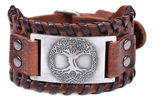 Pulsera Brazalete Cuero Estilo Vikingo Cafe Arbol De La Vida