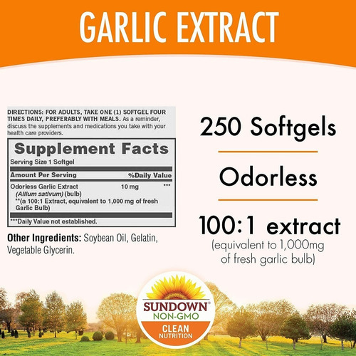 Extracto De Ajo Sundown Garlic Extract 1000mg 250 Cápsulas Sabor Sin Sabor