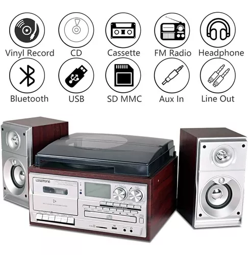Tocadiscos 9 en 1 3 velocidades Bluetooth Vintage tocadiscos CD Cassette  Reproductor de vinilo Radio AM/FM Codificación USB/SD Entrada auxiliar RCA