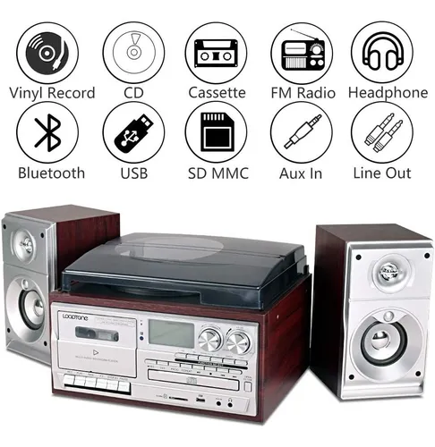 DIGITNOW Tocadiscos Bluetooth con altavoz estéreo, convertidor de vinilo LP  a MP3 con CD, casete, radio, entrada auxiliar y codificación USB/SD