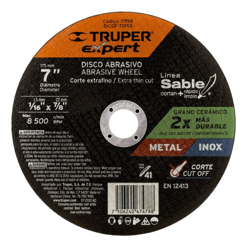 Disco De Corte Metálico 7 X 1.5 Mm, Truper Expert