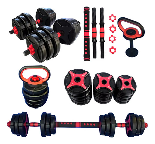 Set Mancuernas Profesional 40kg Kettlebell Barra Marca Boomfit Modelo 402bf 4 Discos De 2kg 12 Discos De 2.50kg 2 Barras Con Agarre Texturizado 5 Seguros 1 Barra Extensora 2 Mangos Kettlebell Y 1 Base