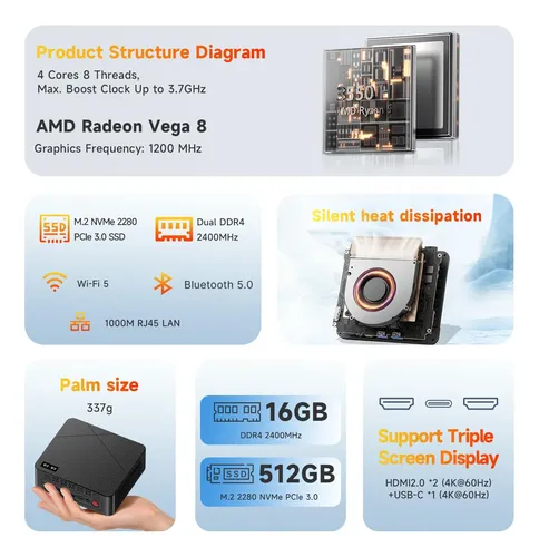 Dois Nós P6 Amd Ryzen 5 3550h Mini Pc 16 Gb 512 Gb 4k Triplo 220v