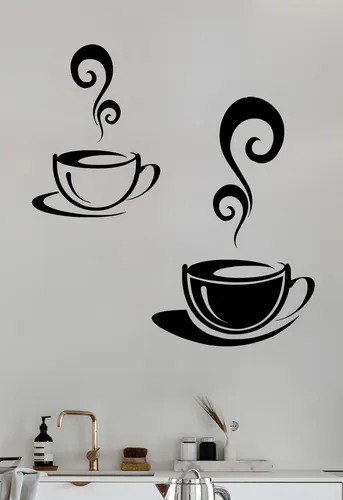 Vinilos Decorativos Vinil Pared Silueta Tazas Café Humeante Color Negro