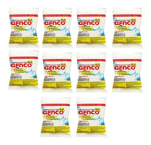 Kit 10 Pastilhas De Cloro Múltipla Ação 3x1 Genco 200g