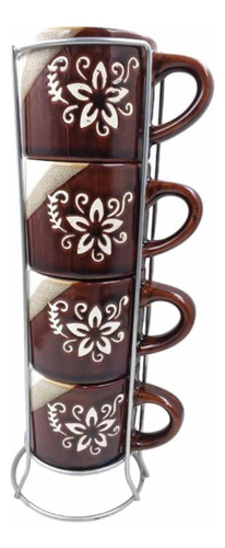 Set De 4 Mugs Tazas De Flores Café En Torre Rack Apilable