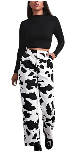 Pantalones Vaqueros Blancos Con Estampado De Vaca Y Bolsillo