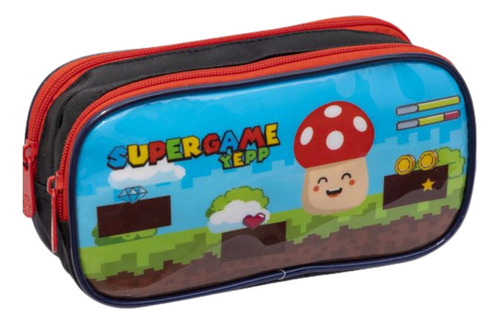 Mochila Rodinha Lancheira Estojo Cogumelo Super Game Cor Vermelho