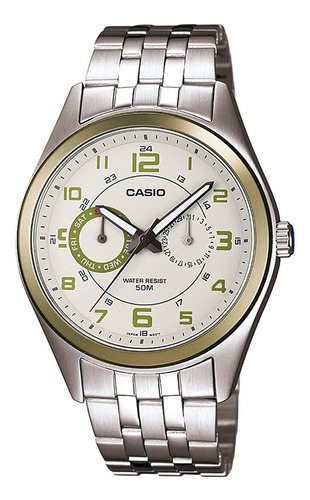 Reloj pulsera Casio Reloj MTP-1353D-8B2VDF, para hombre, fondo blanco y bisel verde, con correa de acero inoxidable color plateado
