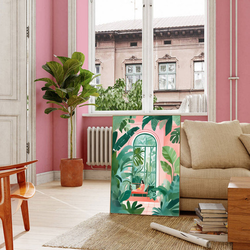 Lámina Decorativa Mujer Jardín Tropical Rosa Plantas Hojas Multicolor Sin Armazón