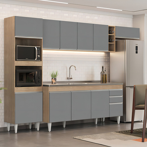 Lumil Móveis Cp18 Armário de Cozinha Modulada 5 Pç Armário/Balcão com Pia Marrom/cinza