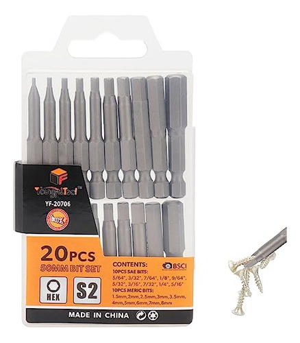 Yf Youngfultool 20pcs Sae/metric 50mm Bits Set With Head Fro