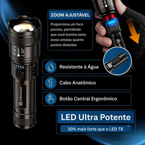 Lanterna Tática Militar Recarregável Led Cree Mais Forte Do Mundo Ultra Potente 1000m Zoom Alto Brilho Sitio Fazenda Apegashop: imagem 4