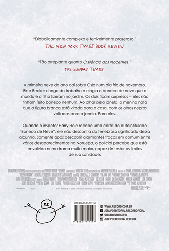Boneco de neve (Capa do filme), de Nesbø, Jo. Harry Hole (7), vol. 7. Editorial Editora Record Ltda., capa mole em português, 2017