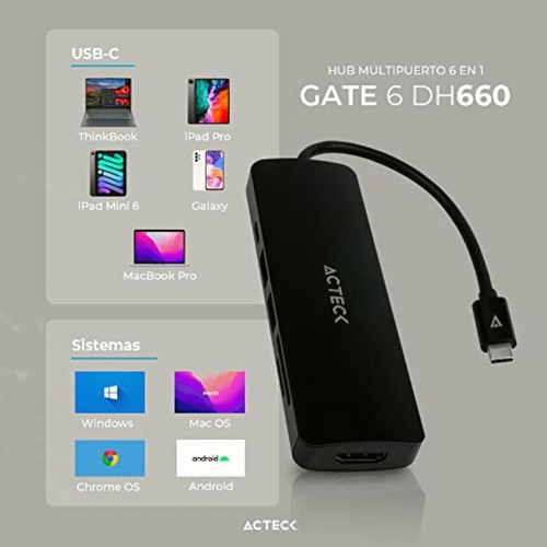 Hub Usb C 6 En 1 Gate 6 Dh660 4k Hdmi + 1xusb A 3.0 + 1xusb