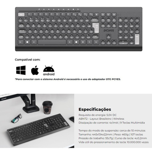 Teclado Soft Sem Fio Pcyes, Wireless, Abnt2 Preto - Ptosfwab Preto Português Brasil