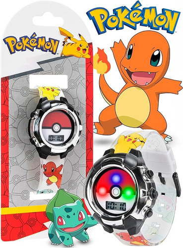 Reloj Pulsera Pokemon Quartz Pikachu Mew Charmander Squirtle Correa Blanco Bisel Plateado Fondo Blanco