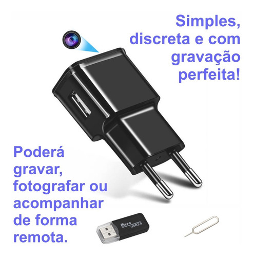 Câmera Espiã Carregador Usb, Full Hd, Wi-fi, + Micro Sd 64gb