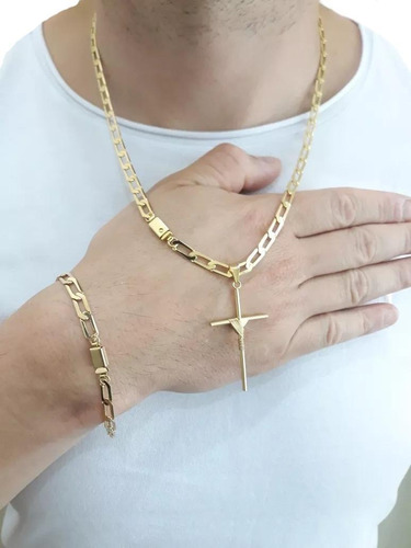 Imagem 2 de 8 de Conjunto Corrente Pulseira Pingente Banhada Ouro Masculino