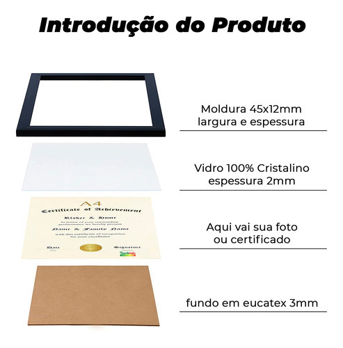 Porta Retrato A4 21x30 Com Vidro P/ Foto Certificado Diploma Cor Preto Liso