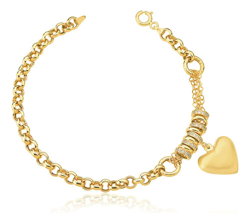 Pulseira Portuguesa De 5.1mm Com Pingente De Coração Em Ouro