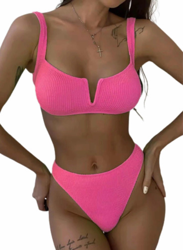 Malla Dos Piezas Bikini Mujer Tipo Top Relleno Liso Playa