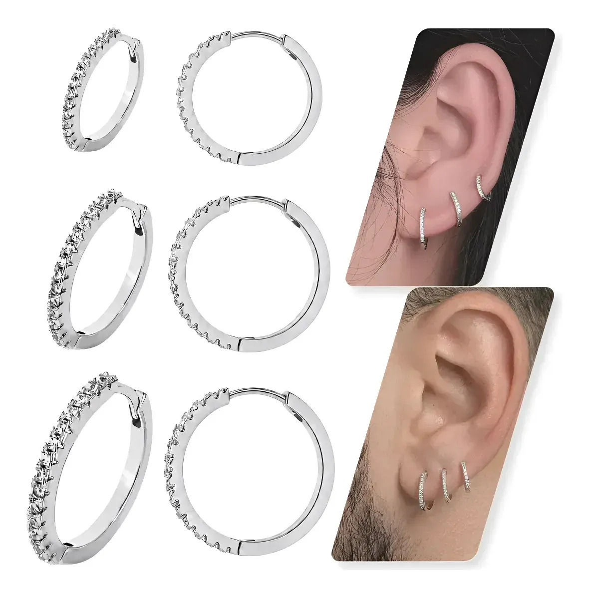 Kit Trio Argolas Cravejadas Zircônia Semijoias Banhadas à Prata 925 Luxo – Brincos Argola Femininos e Masculinos em Aço Inoxidável, Fecho Click, Antialérgicos para o Primeiro, Segu