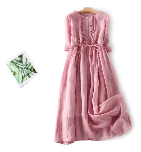Vestido Vintage De Mujer Algodón Y Lino Con Cuello Redondo