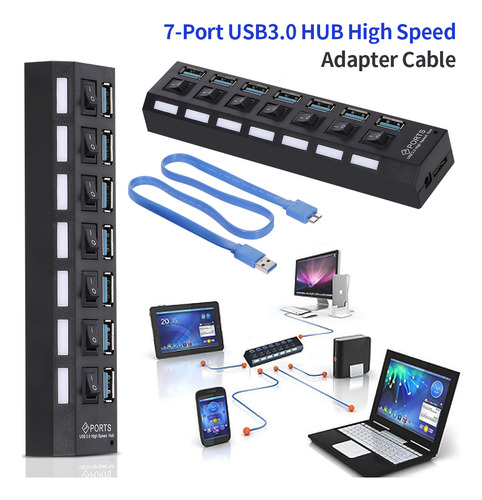 Divisor De Hub Usb 3.0 De 7 Puertos Con Interruptor Para Pc