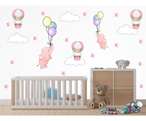 Adesivo Decorativo De Parede Infantil Elefantes Balões Cute