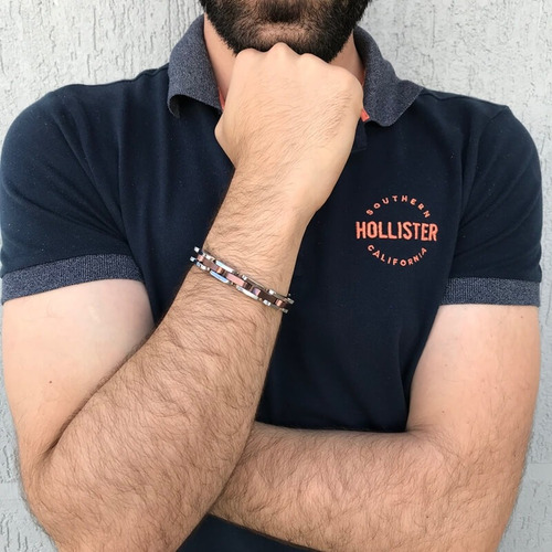 Pulseira Masculina De Aço Com Filetes Rosé