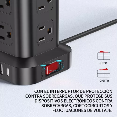 Regleta Multicontacto con Proteccion de Voltaje, Regleta de  Alimentación con 12 Conexiones y 4 USB(1 USB-C), Torre Multicontacto 