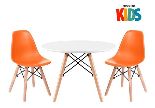 Kit Mesa Eames Infantil + 2 Cadeiras Eames  Junior Av Cor Da Tampa Mesa Branco Com Cadeiras Laranja