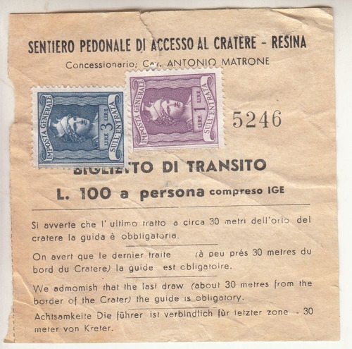 1962 Billete Para Crater Volcan Vesubio Italia 2 Cinderellas