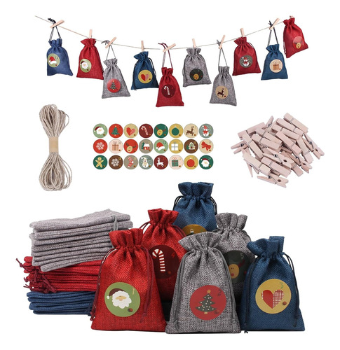 24 Pcs Bolsa De Regalo Navideñas Tricolores Tela Con Cordón