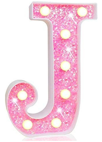 Letra Decorativa Con Luz Led Plastico Rosa Glitter Letra J