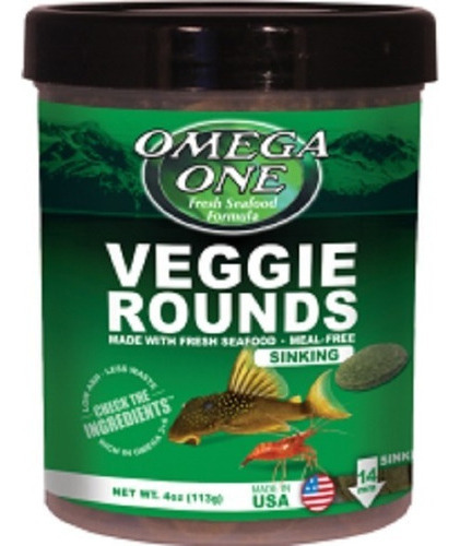 Omega One Veggie Rounds Sinking 113g Alimento Peces Gambas Herbívoro Caracoles Pastilla 14mm A Base de Salmón Algas Marinas Frescas Espirulina