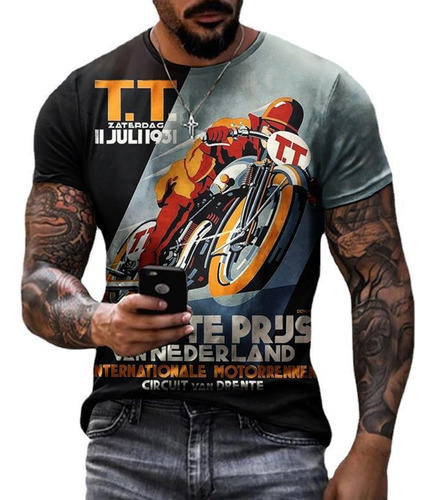 Polera De Manga Corta Con Estampado 3d De Moto De Verano.