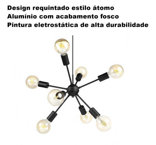 Lustre Átomo Sputnik Moderno Preto 8 Lâmpadas E27