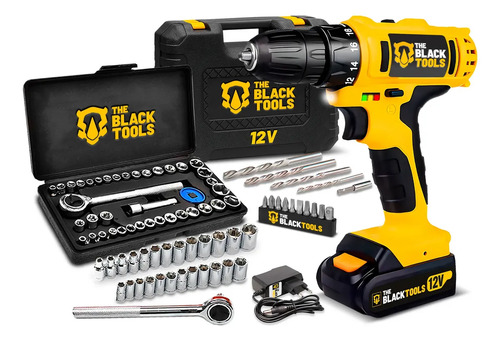 Furadeira Parafusadeira Sem Fio Bateria Tb-12E 12v 3/8 10mm Maleta E Acessórios The Black Tools + Jogo Soquetes 40 Peças