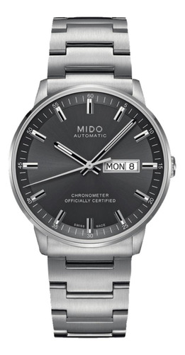 Reloj pulsera Mido Commander Chronometer M021.431 de cuerpo color gris, analógico, fondo antracita, con correa de acero inoxidable color gris, agujas color gris y negro, dial gris y negro, minutero/segundero gris, bisel color gris y desplegable