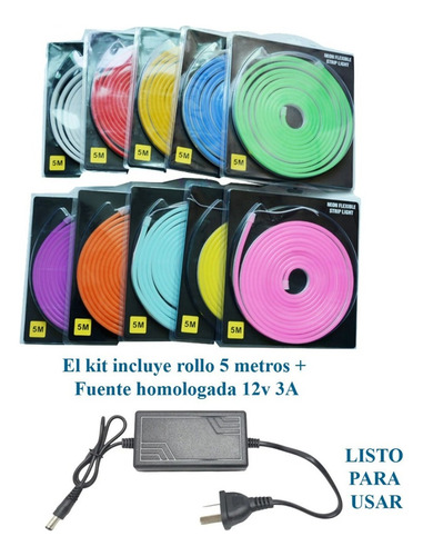 Kit Manguera Luz Neon 5 Mts + Fuente + Ficha 12v Exterior Azul