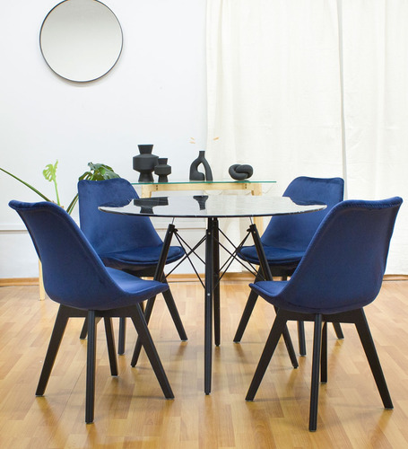 Silla De Comedor Pana Diseño Pata Madera Negra - Tulip X2 Estructura de la silla Azul