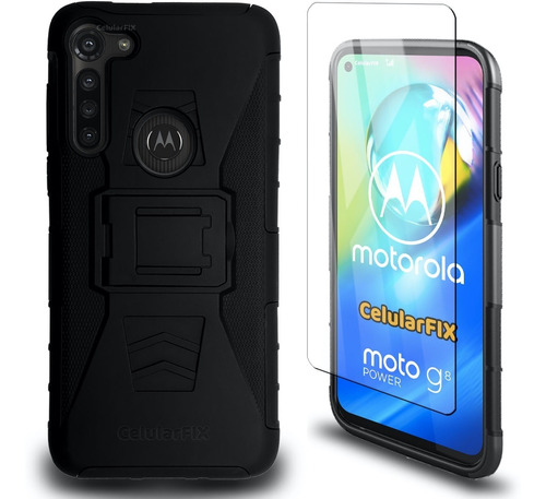 Funda Protector P/ Moto G8 Power Uso Rudo Con Clip + Mica 