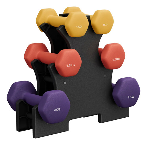 Conjunto de Pesos Neoprene, Halteres Sextavados com Suporte, Exercícios em Casa, Antiderrapante, Amarelo, Laranja, Roxo
