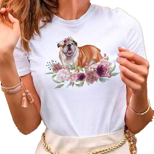 Remera Dama Mujer Street Mascota Con Flores Perro Perrito 04