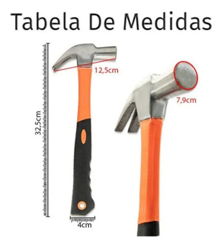 Martelo Unha Cabeça 27mm 500g Cabo Fibra Vidro Emborrachado