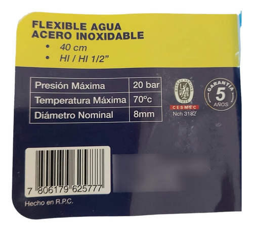 Flexible Agua Hi-hi 1/2 40cm Acero Inoxidable Hoffens