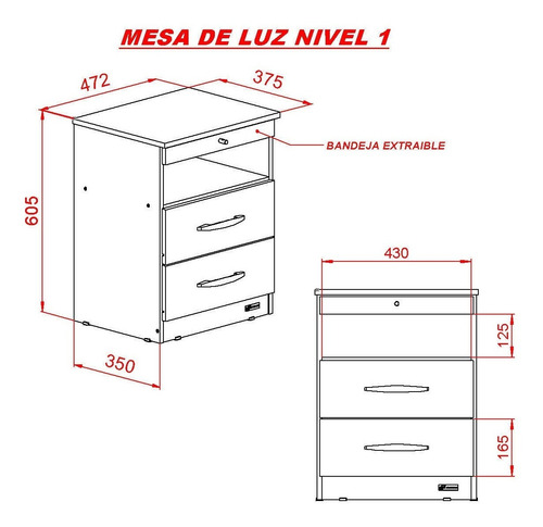 Imagen 5 de 9 de Mesa De Luz 2 Cajones Con Bandeja Desayunador Dormitorio
