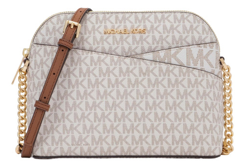 Bolsa crossbody Michael Kors Dome diseño monograma de lona  blanca con correa de hombro marrón claro y herrajes dorado